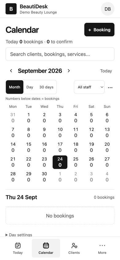 BeautiDesk mobile Web calendar with Today, Calendar, Clients and More navigation